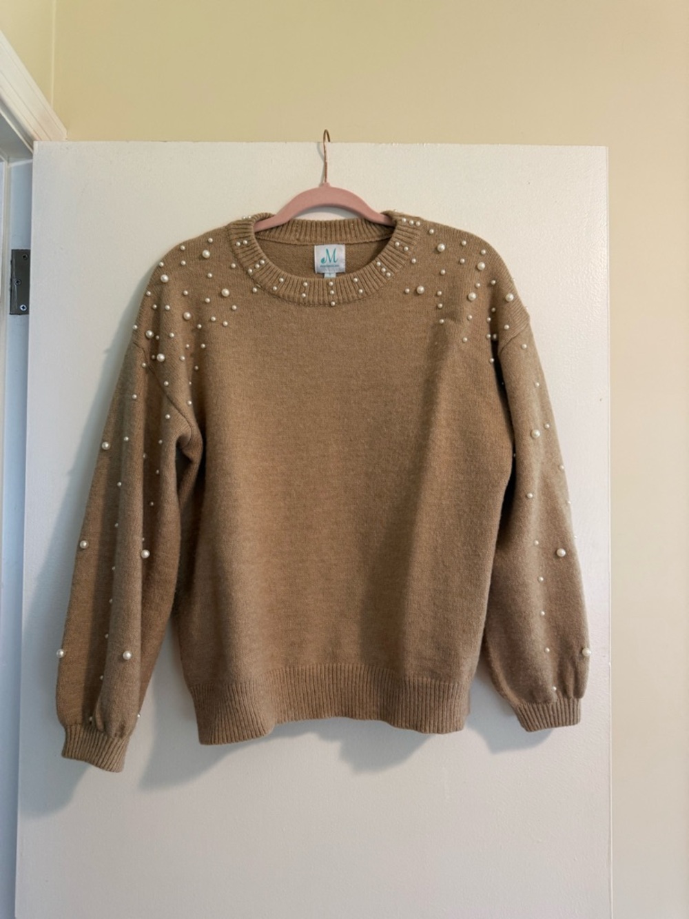 Moss & Cove Pearl-Embellished Tan Sweater